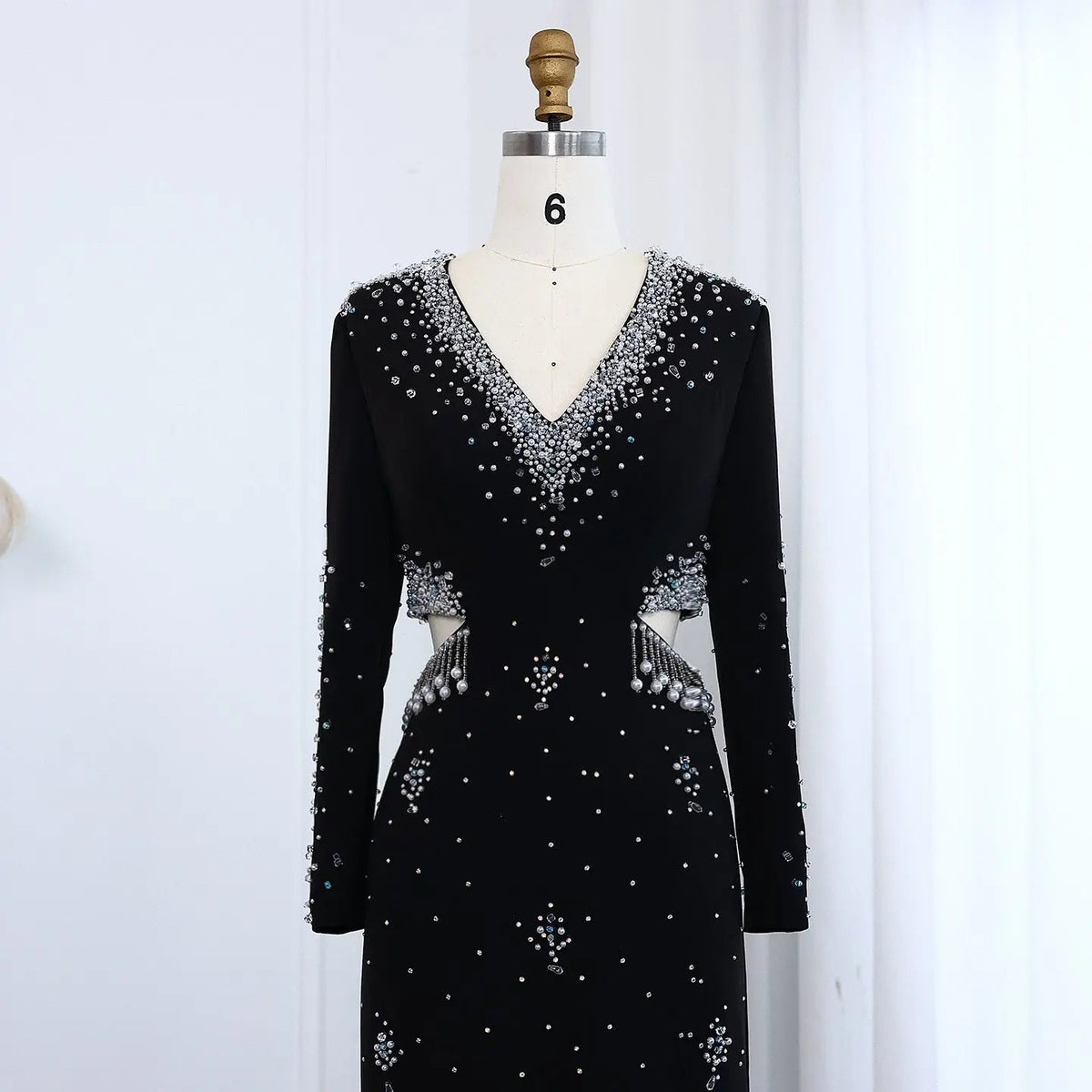 Luxury Black Pearl Beaded Long Sleeve Evening Dress XD019