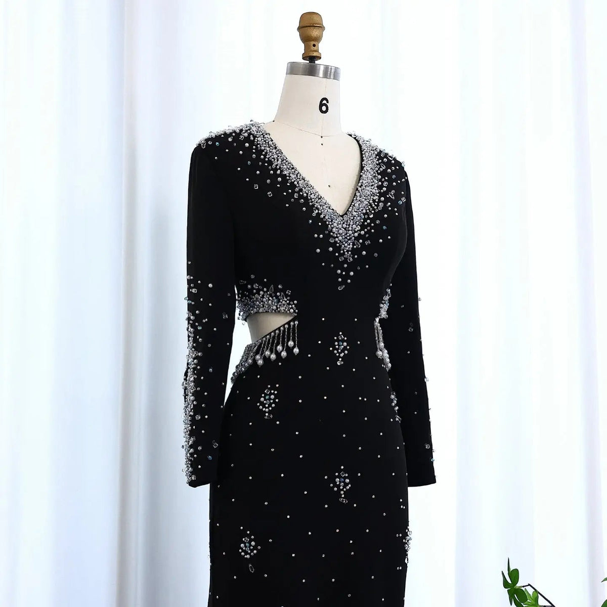 Luxury Black Pearl Beaded Long Sleeve Evening Dress XD019