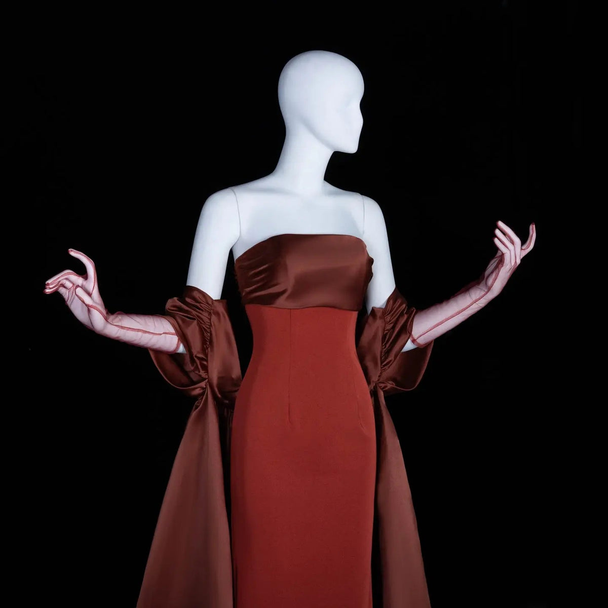 Glamorous Rust Strapless Satin Evening Dress with Oversized Sleeves SF490