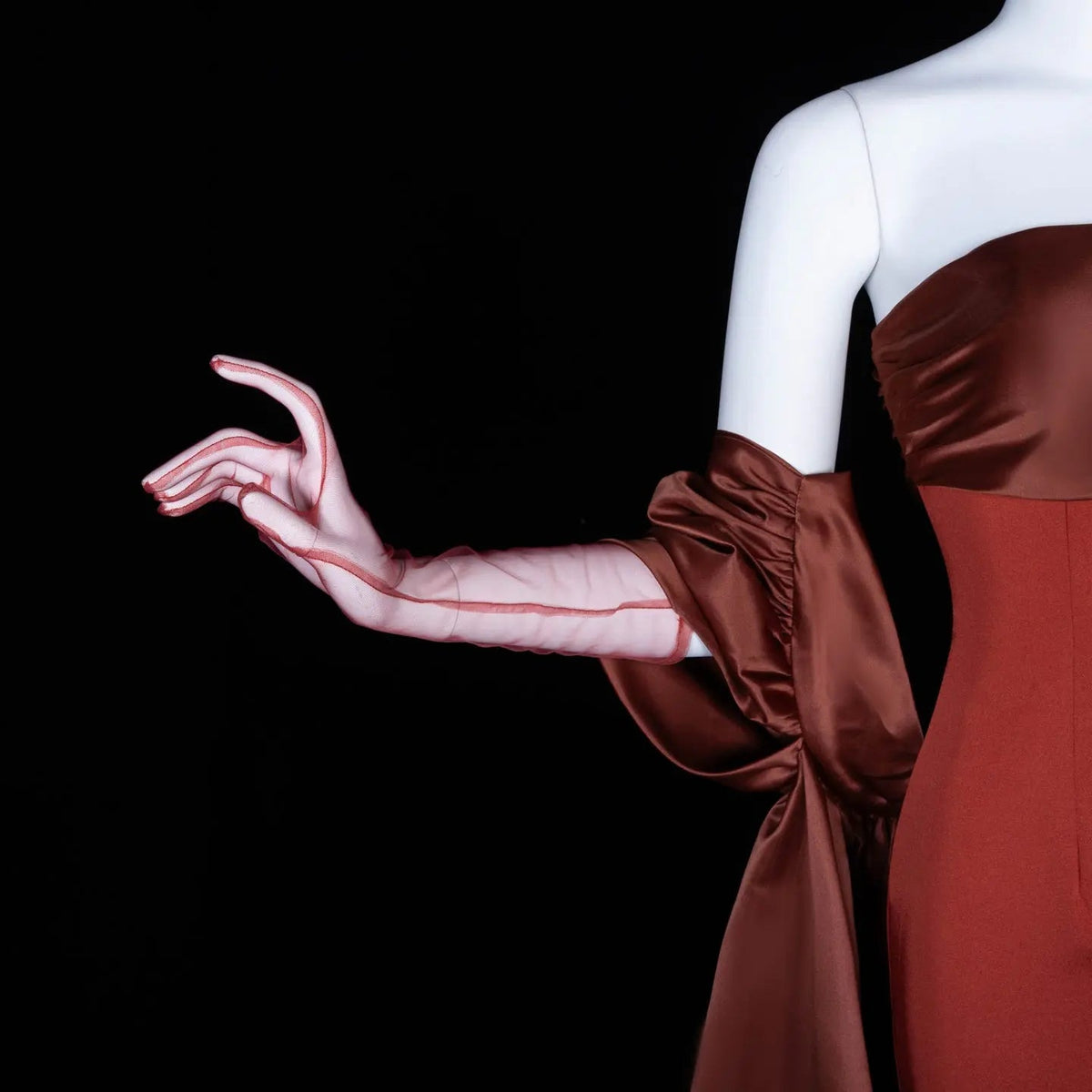 Glamorous Rust Strapless Satin Evening Dress with Oversized Sleeves SF490