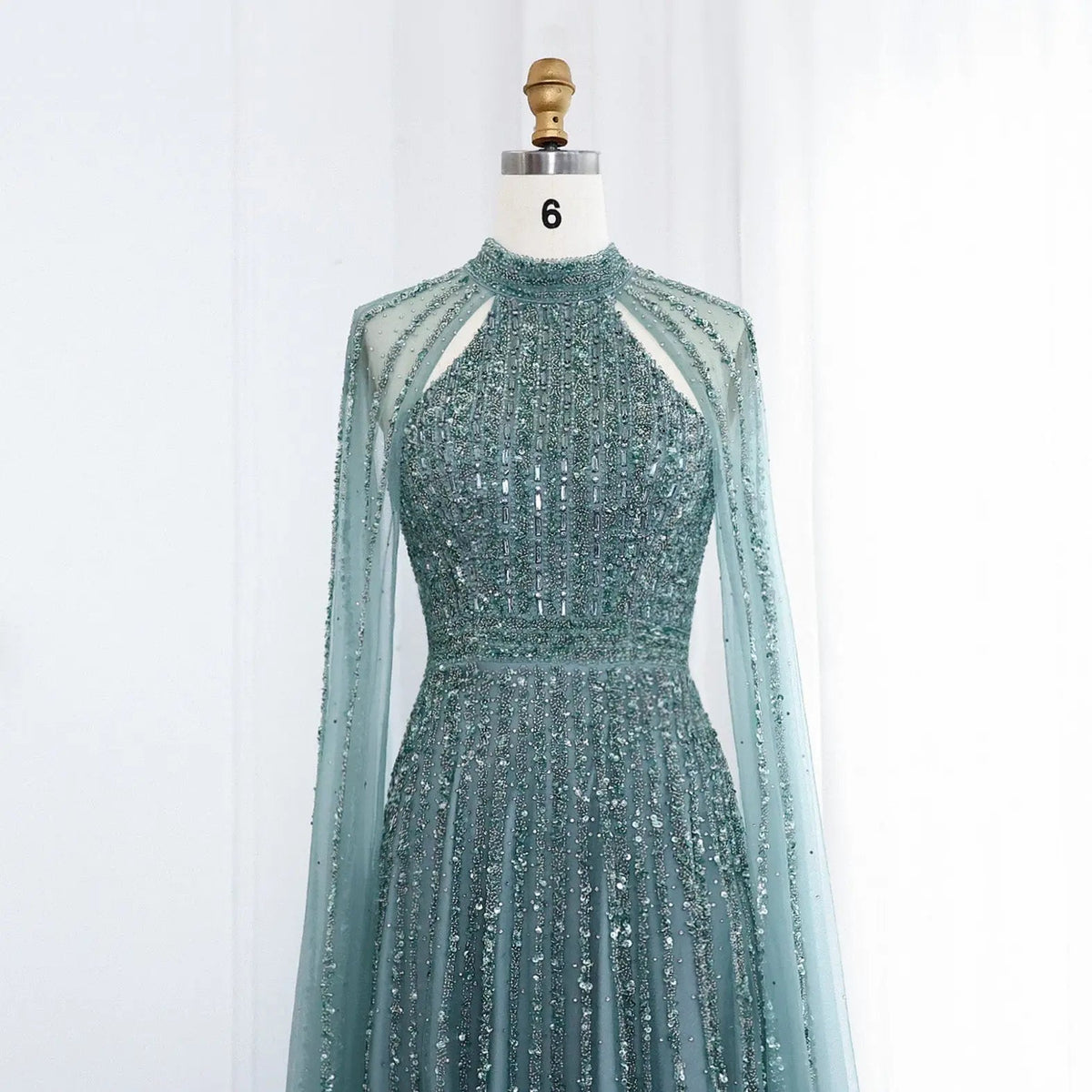 Luxury Beaded Turquoise Evening Dress with Cape SS085