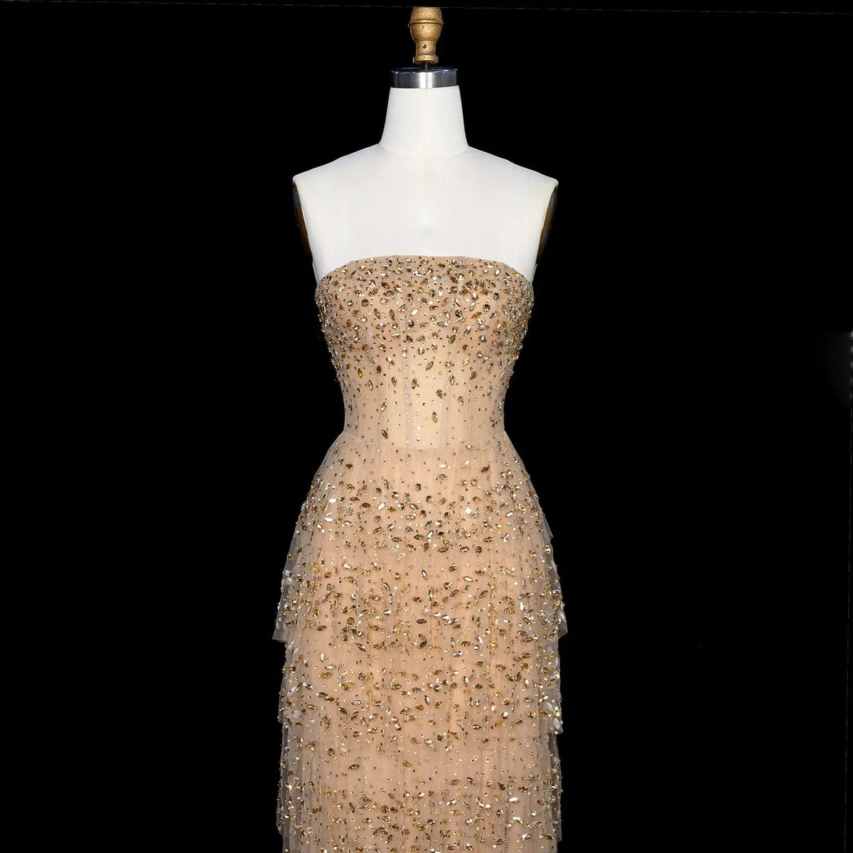 Luxury Champagne Strapless Crystal Sheath Evening Dress SS720