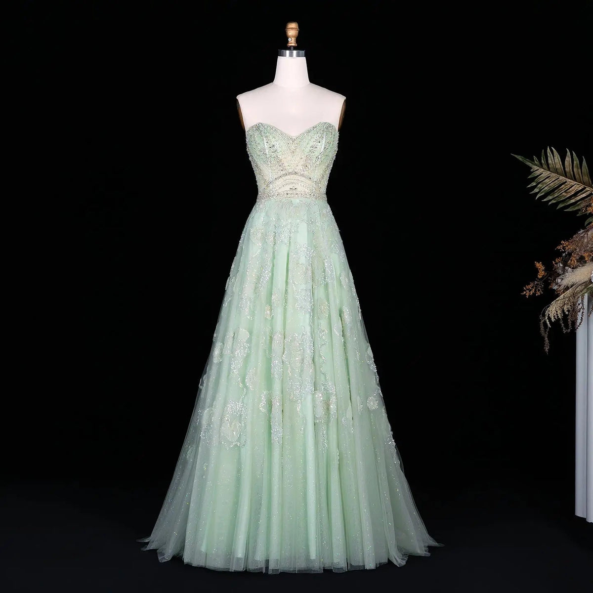 Luxury Sage Green Beaded Off-the-Shoulder Floral Tulle Evening Dress SS754