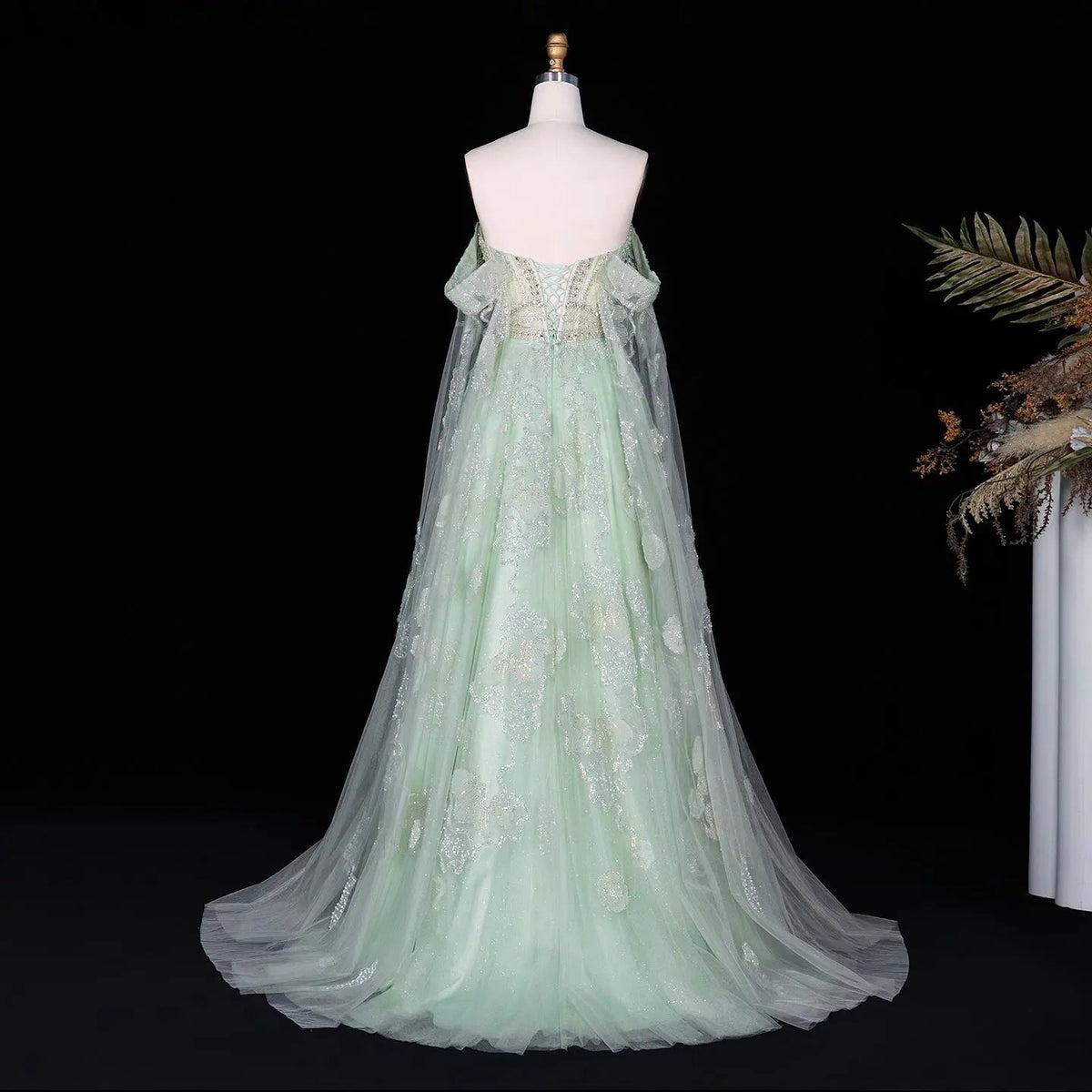 Luxury Sage Green Beaded Off-the-Shoulder Floral Tulle Evening Dress SS754