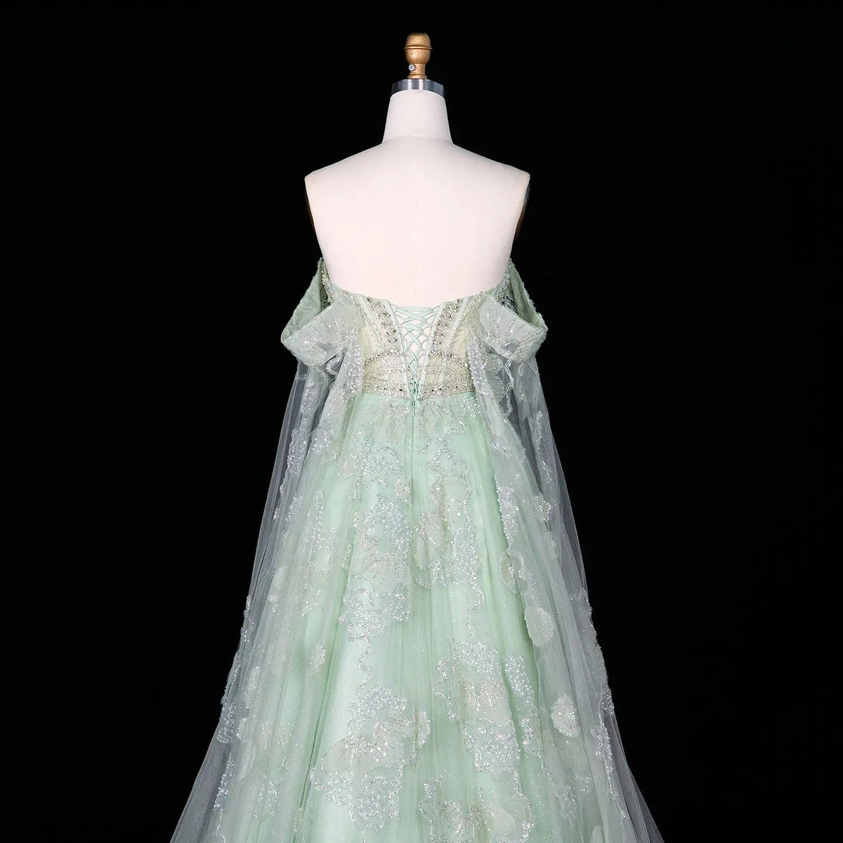 Luxury Sage Green Beaded Off-the-Shoulder Floral Tulle Evening Dress SS754