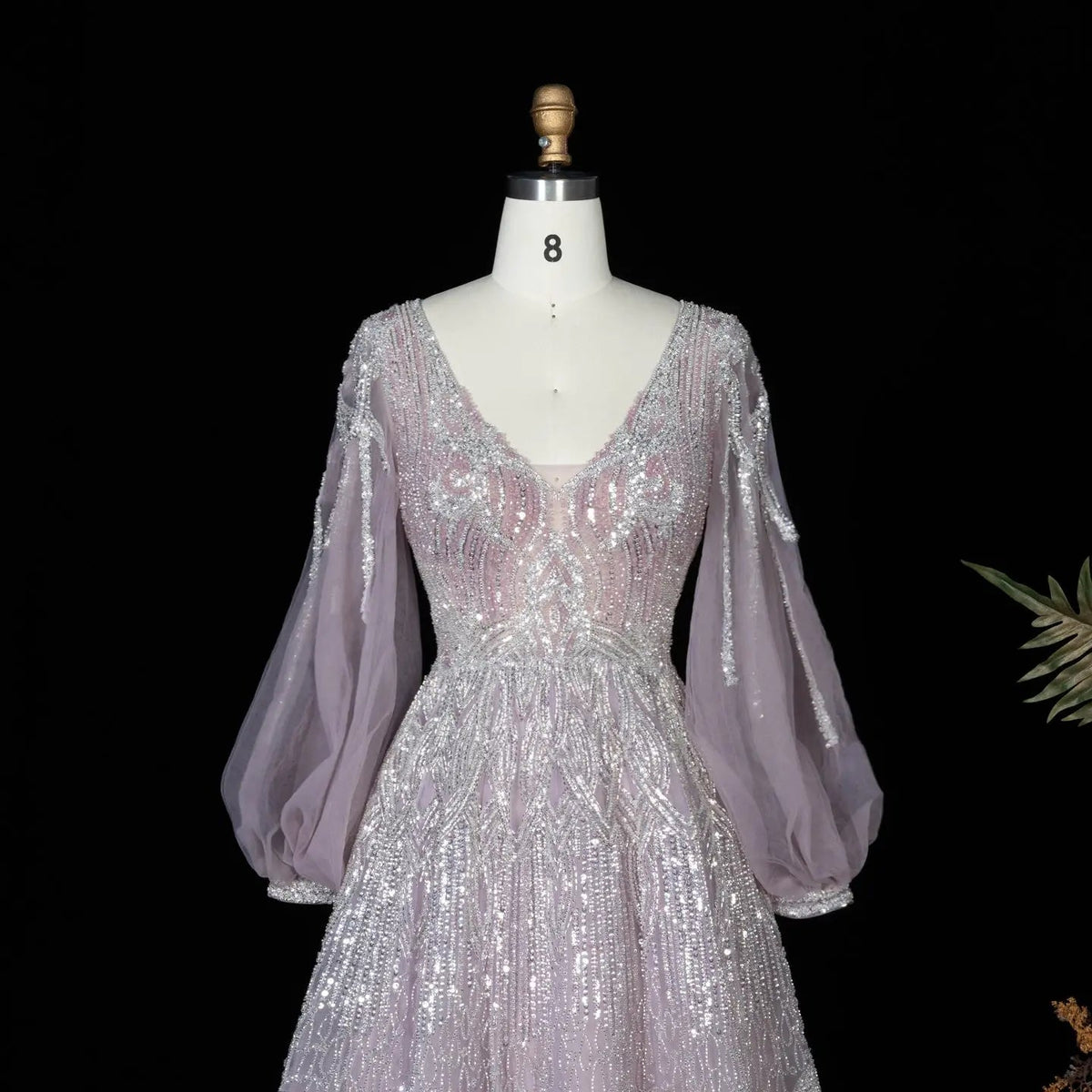 Glamorous Pink Allover Beaded Sheer Tulle Bubble Sleeve Formal Evening Dress SS057