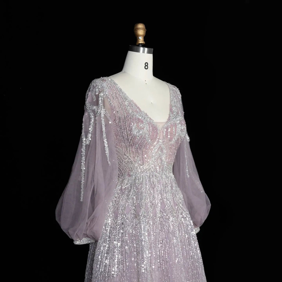 Glamorous Pink Allover Beaded Sheer Tulle Bubble Sleeve Formal Evening Dress SS057