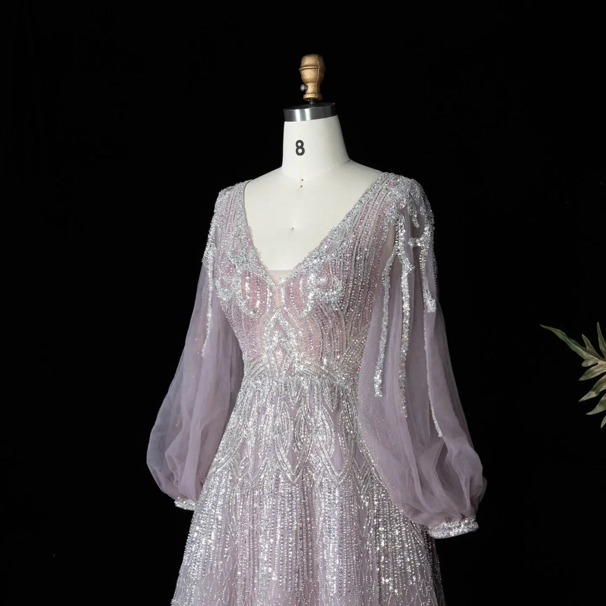Glamorous Pink Allover Beaded Sheer Tulle Bubble Sleeve Formal Evening Dress SS057