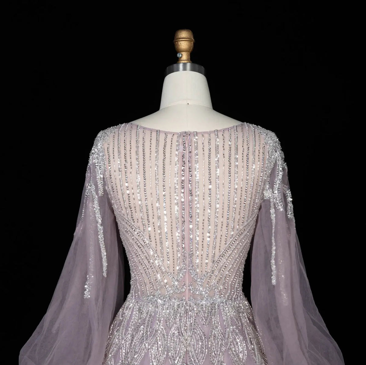 Glamorous Pink Allover Beaded Sheer Tulle Bubble Sleeve Formal Evening Dress SS057