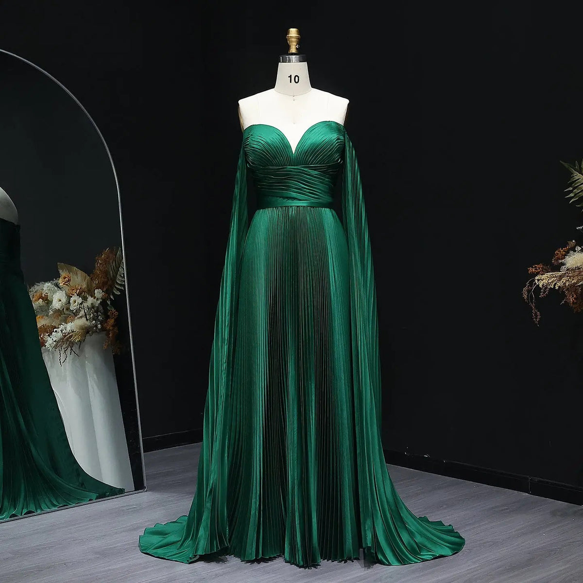 Green Off Shoulder Pleats Long Sleeve Evening Dress SF210