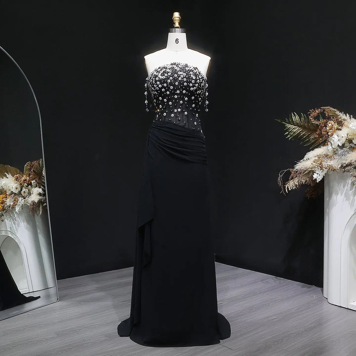 Luxury Black Beaded Corset Ruched Mermaid Evening Dress SS248