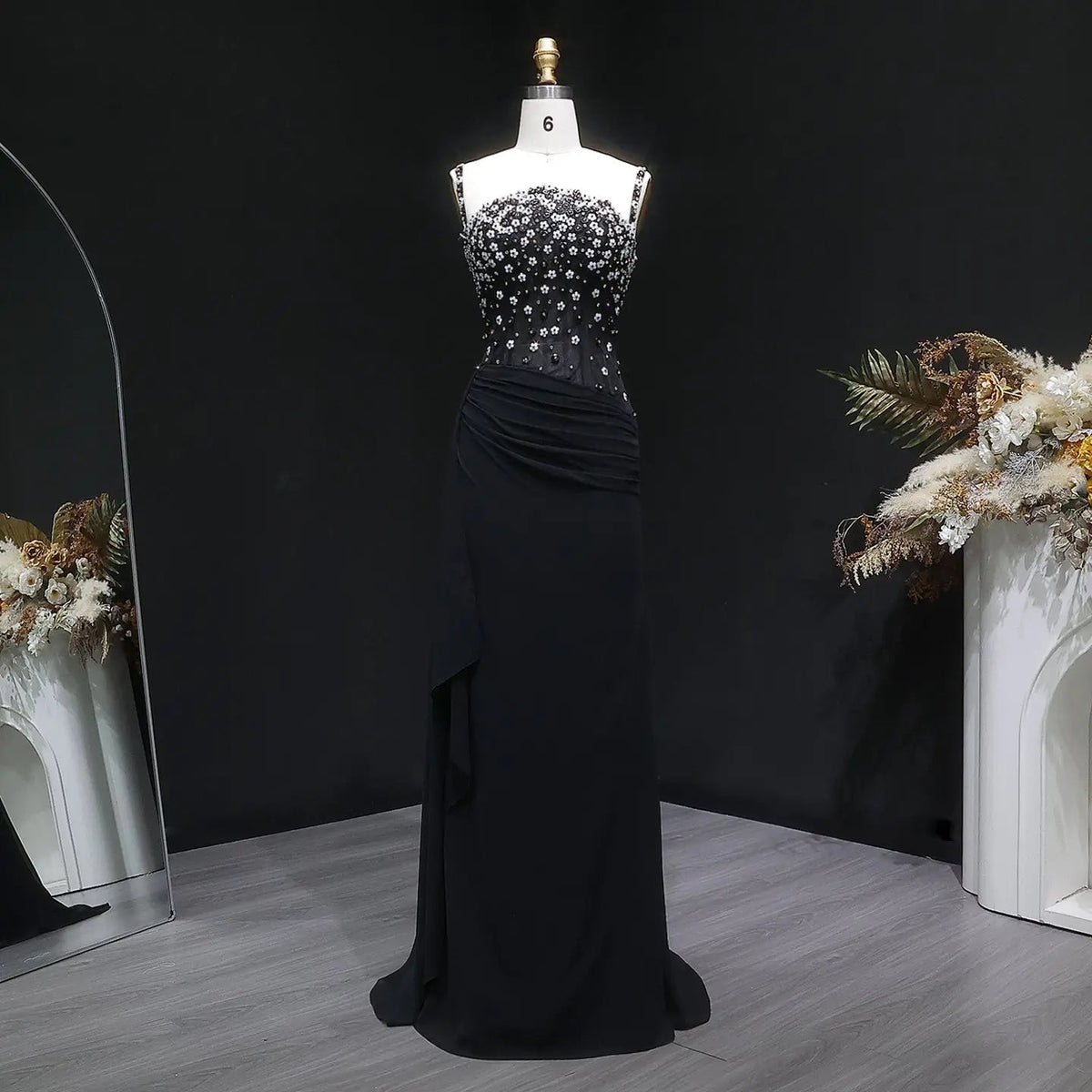 Luxury Black Beaded Corset Ruched Mermaid Evening Dress SS248