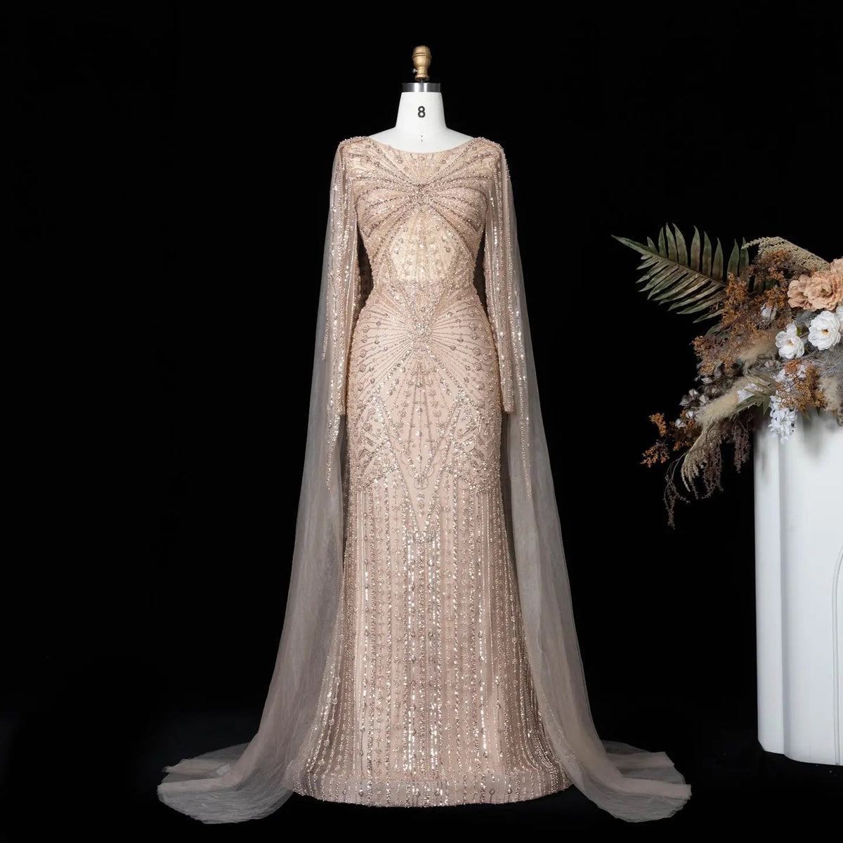 Dreamy Pink Allover Glitter Beaded Round Neck Evening Dress SS051