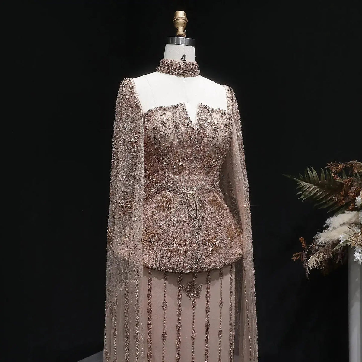 Elegant Silver High Neck Sheer Fitted Evening Dress with Cape Sleeve SS531