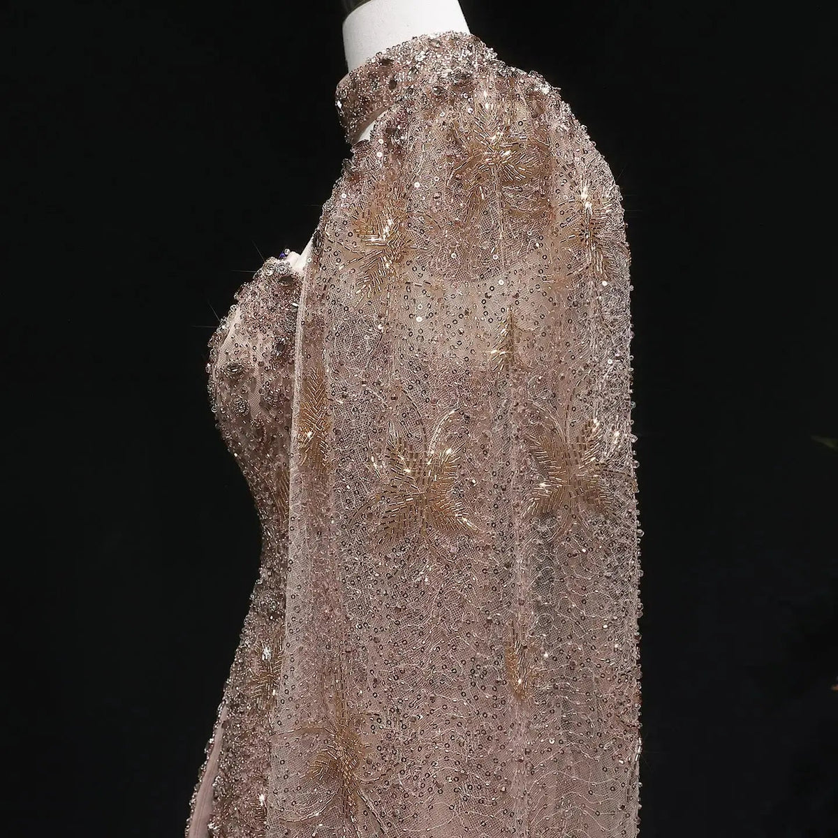 Elegant Silver High Neck Sheer Fitted Evening Dress with Cape Sleeve SS531