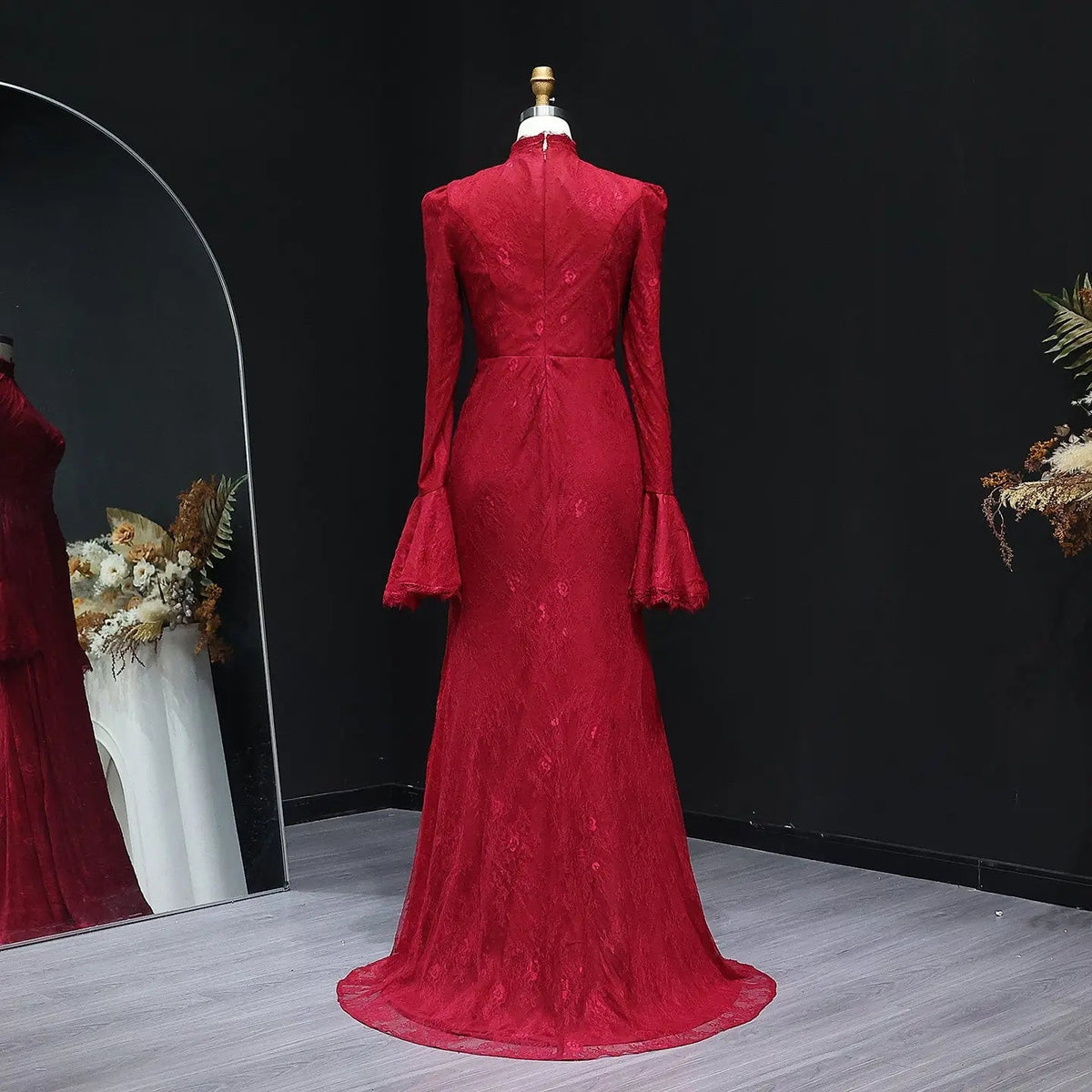 High Neck Evening Dress with Lace Long Flare Sleeves SF484