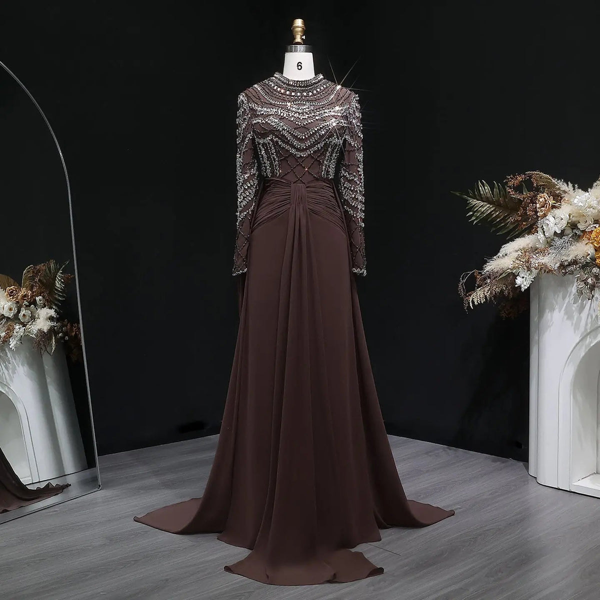 Glamorous Brown High Neck Beaded Evening Dress with Draped Skirt SS402