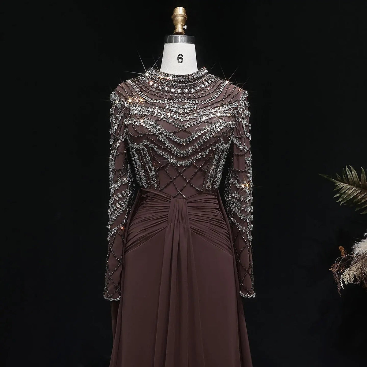 Glamorous Brown High Neck Beaded Evening Dress with Draped Skirt SS402