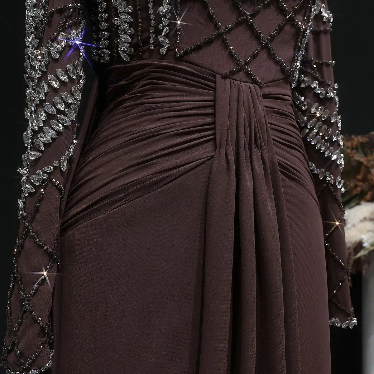 Glamorous Brown High Neck Beaded Evening Dress with Draped Skirt SS402