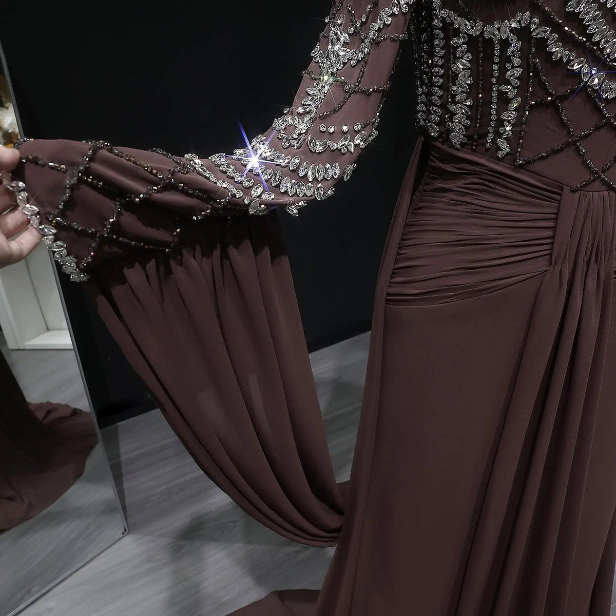 Glamorous Brown High Neck Beaded Evening Dress with Draped Skirt SS402