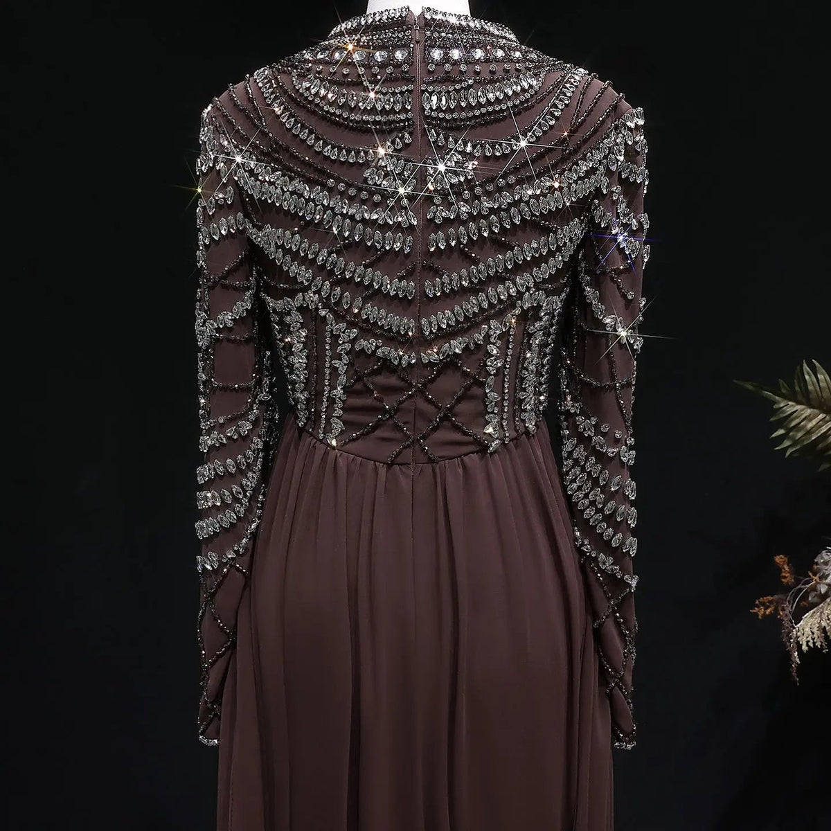 Glamorous Brown High Neck Beaded Evening Dress with Draped Skirt SS402