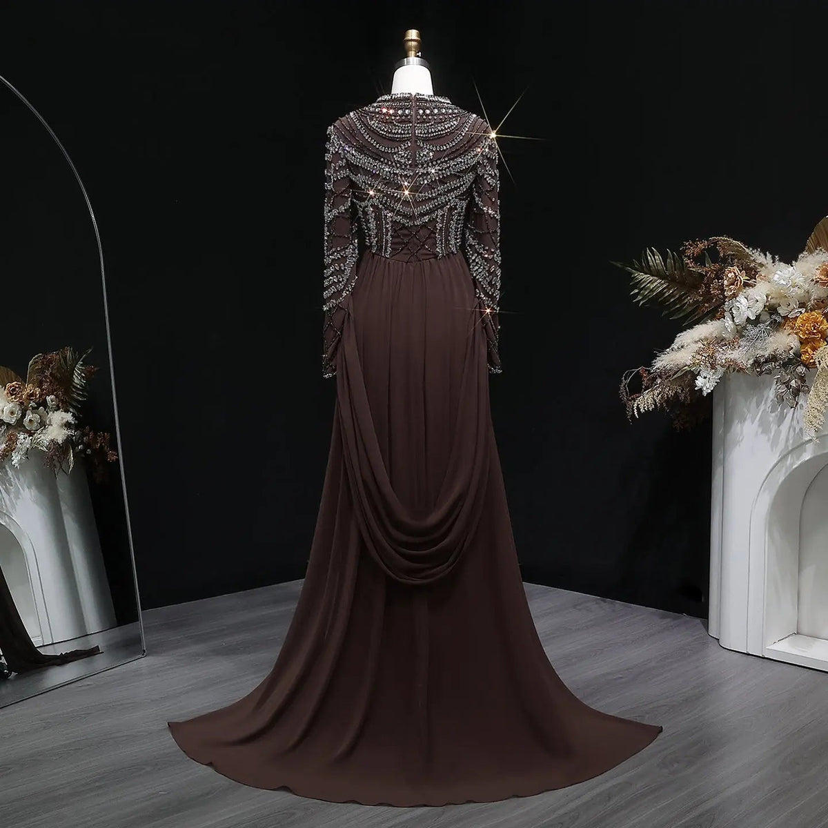 Glamorous Brown High Neck Beaded Evening Dress with Draped Skirt SS402