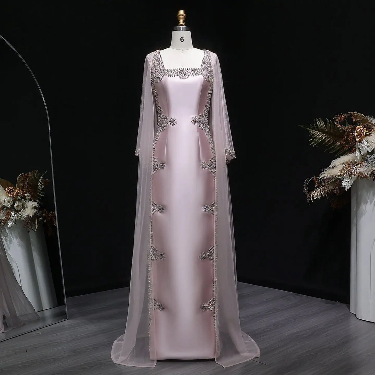 Luxury Pink Beaded Crystal Cape Satin Fitted Evening Dress SS326