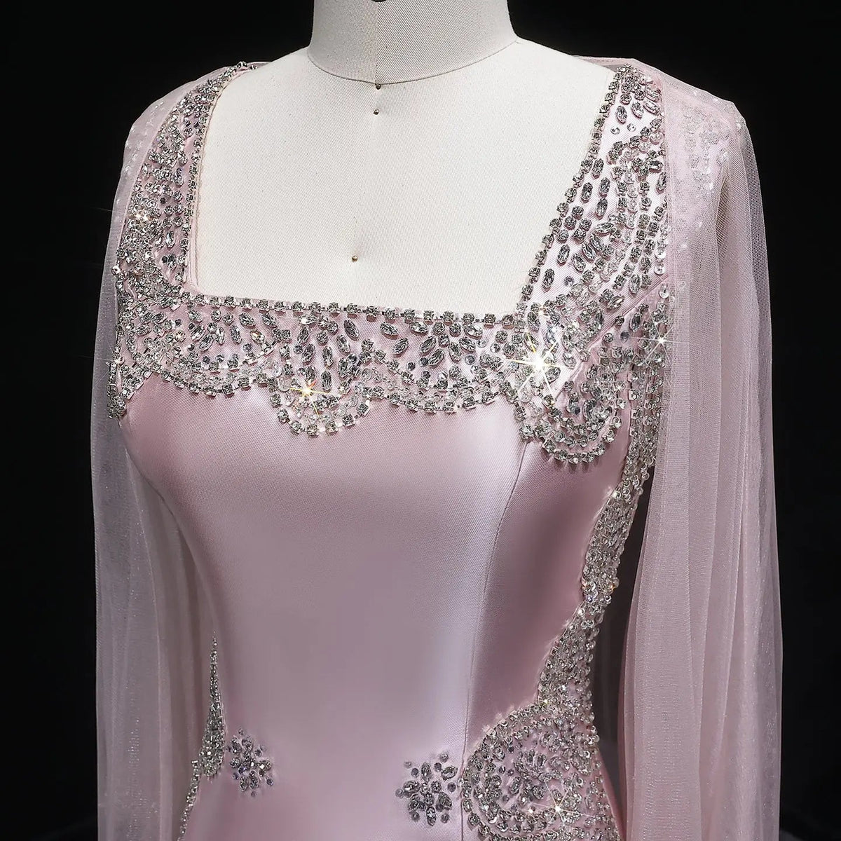 Luxury Pink Beaded Crystal Cape Satin Fitted Evening Dress SS326