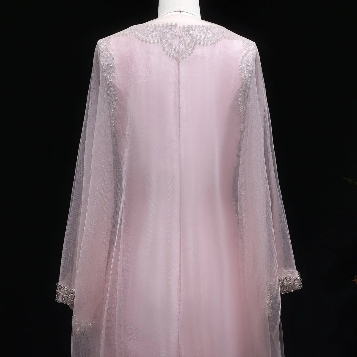 Luxury Pink Beaded Crystal Cape Satin Fitted Evening Dress SS326
