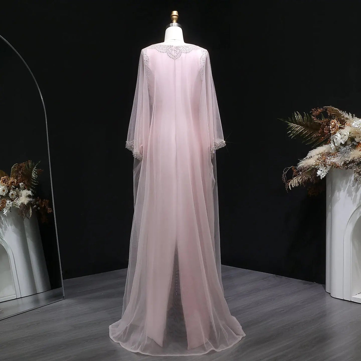 Luxury Pink Beaded Crystal Cape Satin Fitted Evening Dress SS326