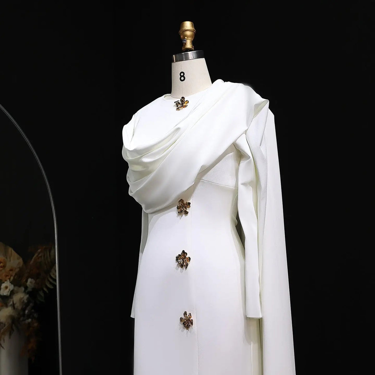 Elegant Off White Satin Arabic Evening Dress with Cape SF536