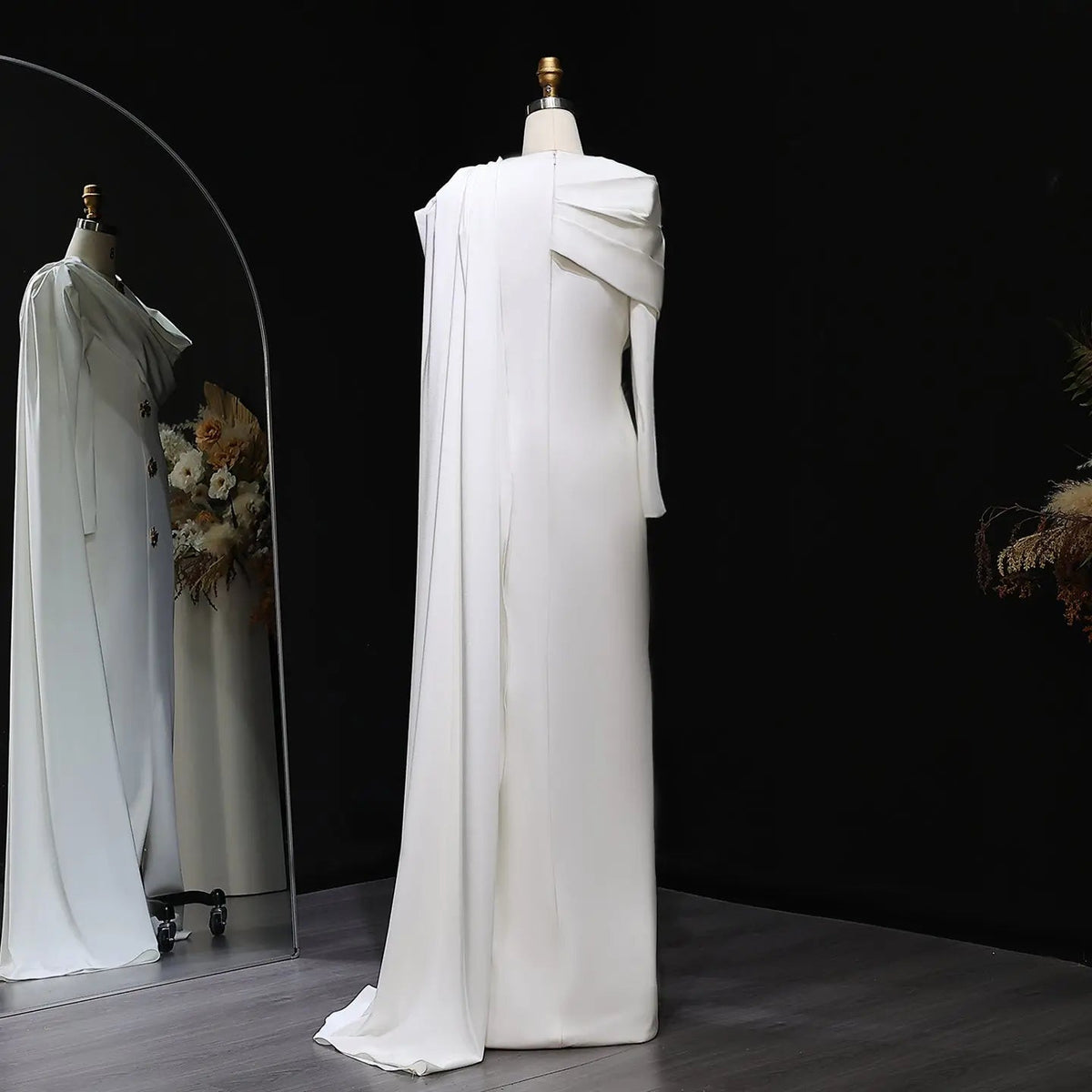 Elegant Off White Satin Arabic Evening Dress with Cape SF536