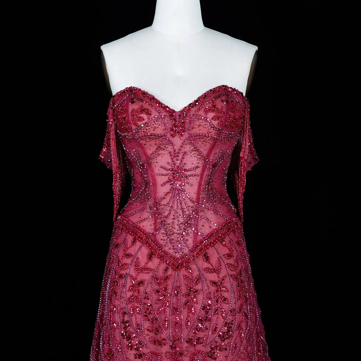 Fuchsia Beading Tassel Off-Shoulder Sleeves Evening Dresses SS516
