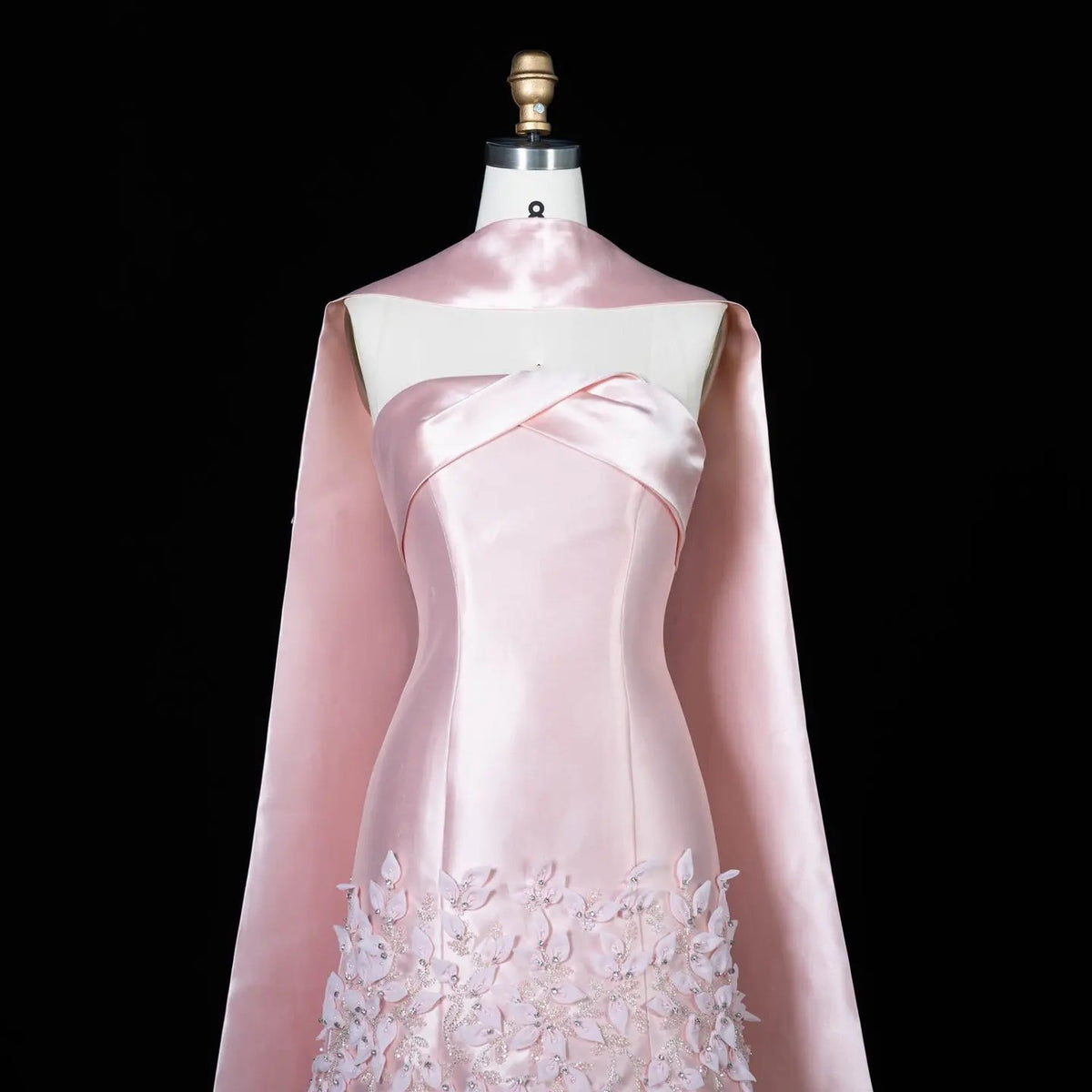 Luxury 3D Leaves Pink Satin Evening Dress with Cape SS463