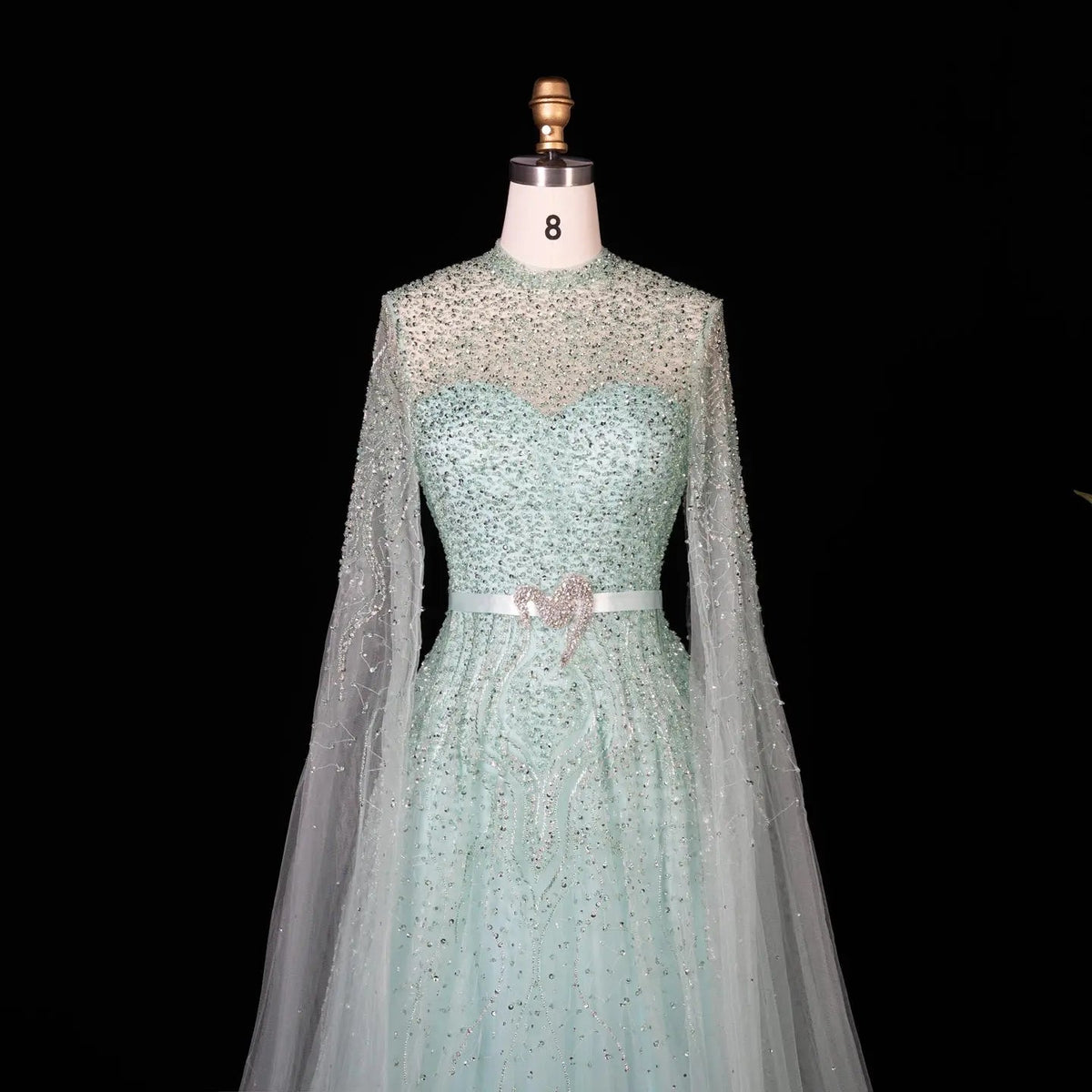 Luxury Blue High Neck Evening Dress with Cape Sleeves SS451