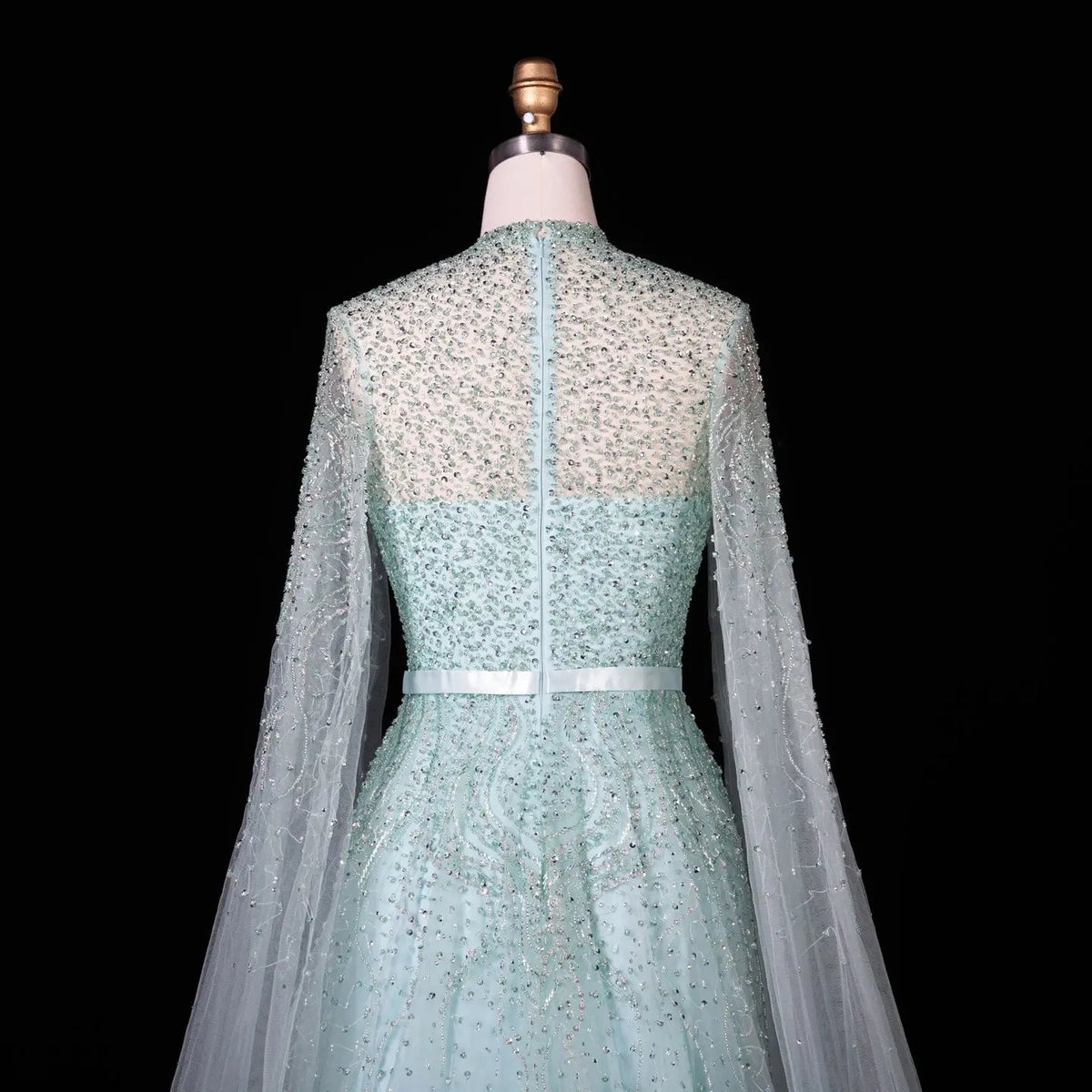 Luxury Blue High Neck Evening Dress with Cape Sleeves SS451