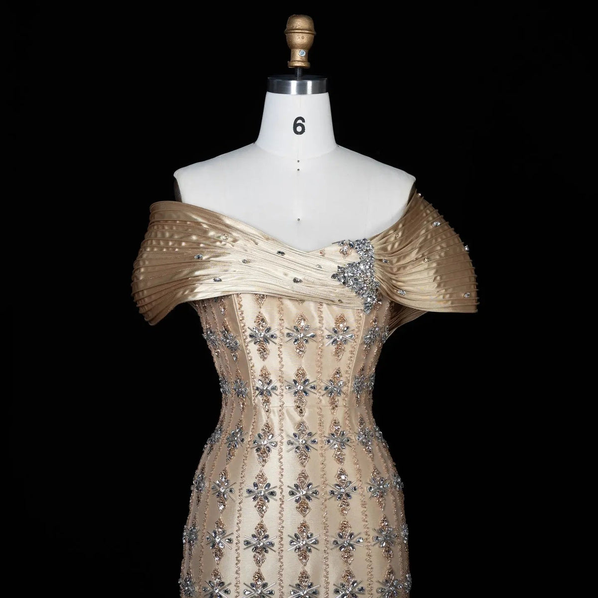 Luxury Gold Satin Evening Dress with Crystal Embellishments SS217