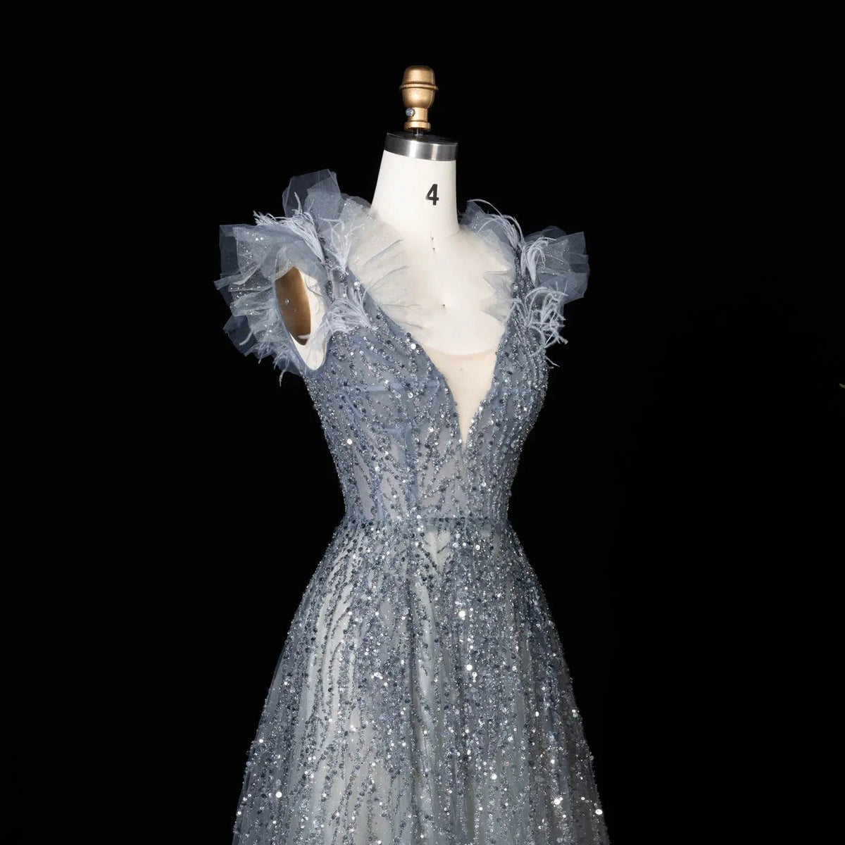 Luxury V-Neck Beaded Blue Feathers Evening Dress SS335