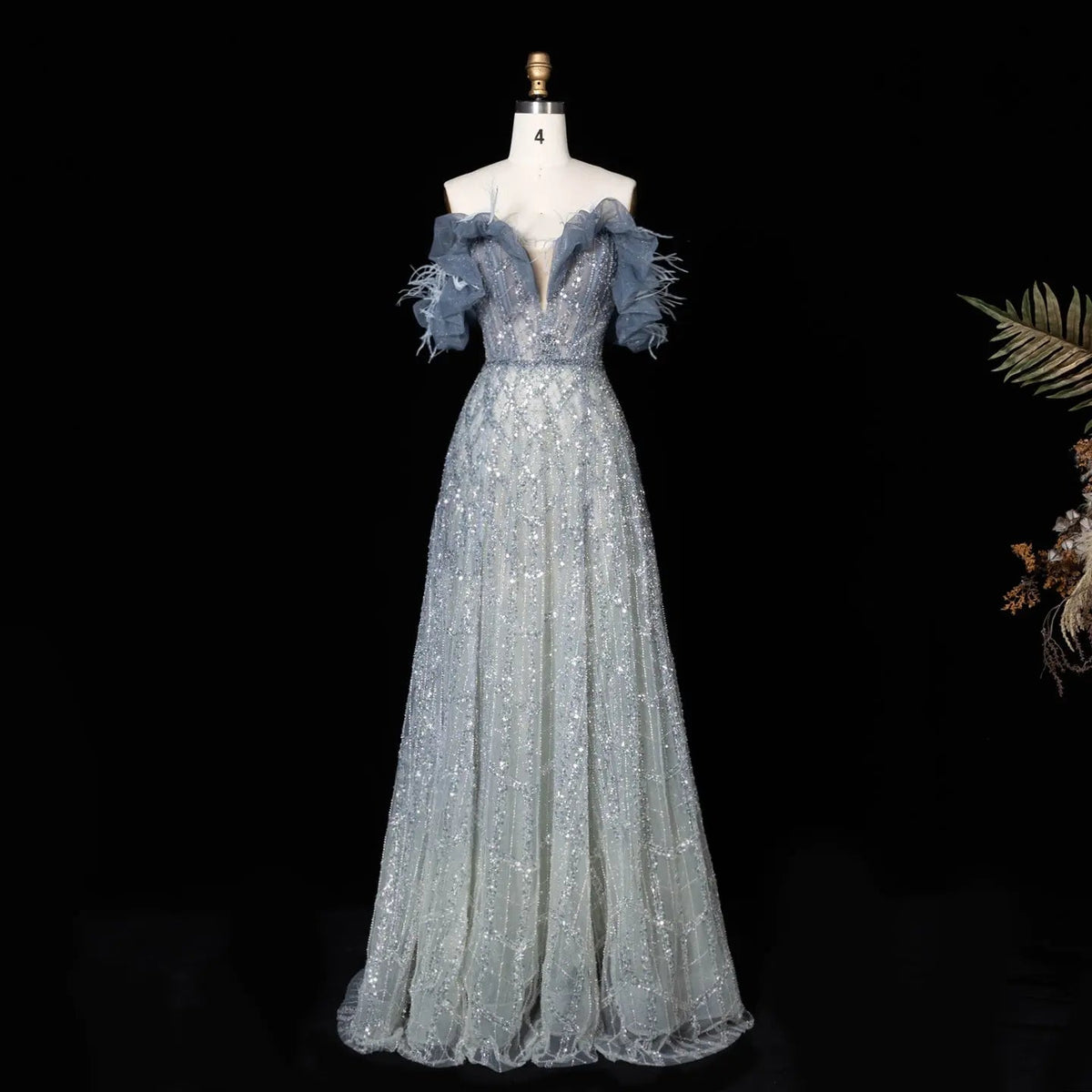 Luxury Feathers Green Off Shoulder Evening Dress SS303