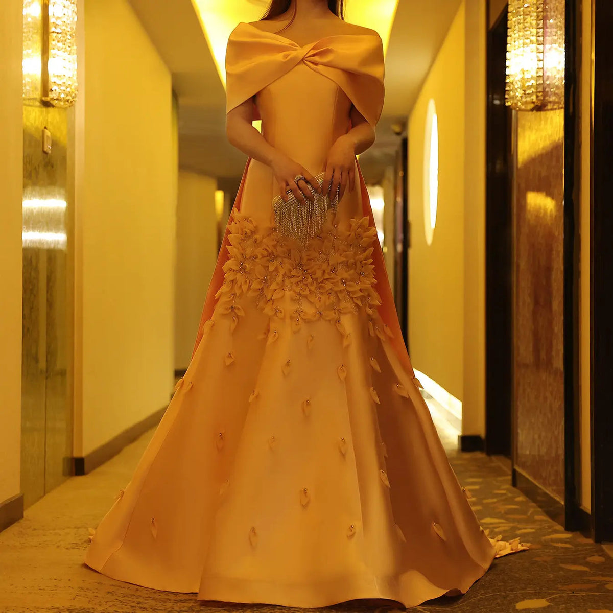 Luxury 3D Flowers Pink Off Shoulder Evening Dress SS464