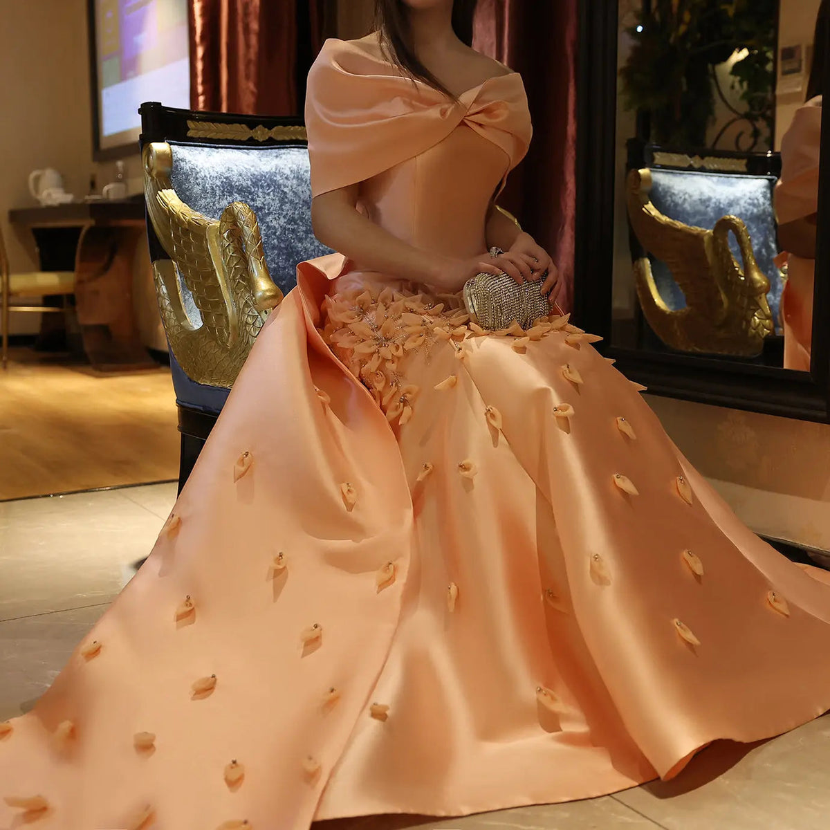 Luxury 3D Flowers Pink Off Shoulder Evening Dress SS464