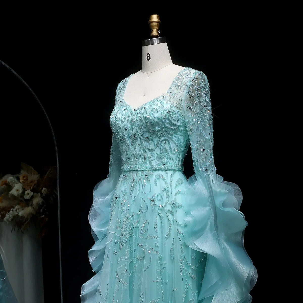 Luxury Aqua Ruffled Cape Crystal Sequin Evening Dress SS410