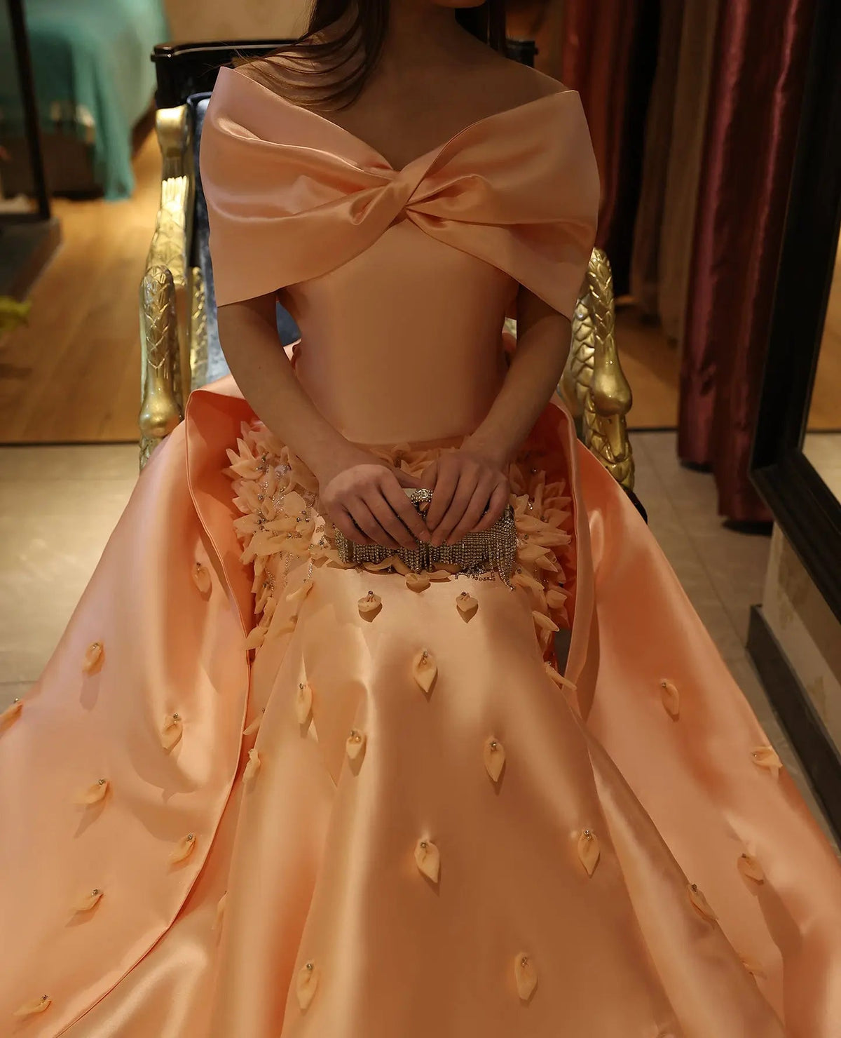 Luxury 3D Flowers Pink Off Shoulder Evening Dress SS464
