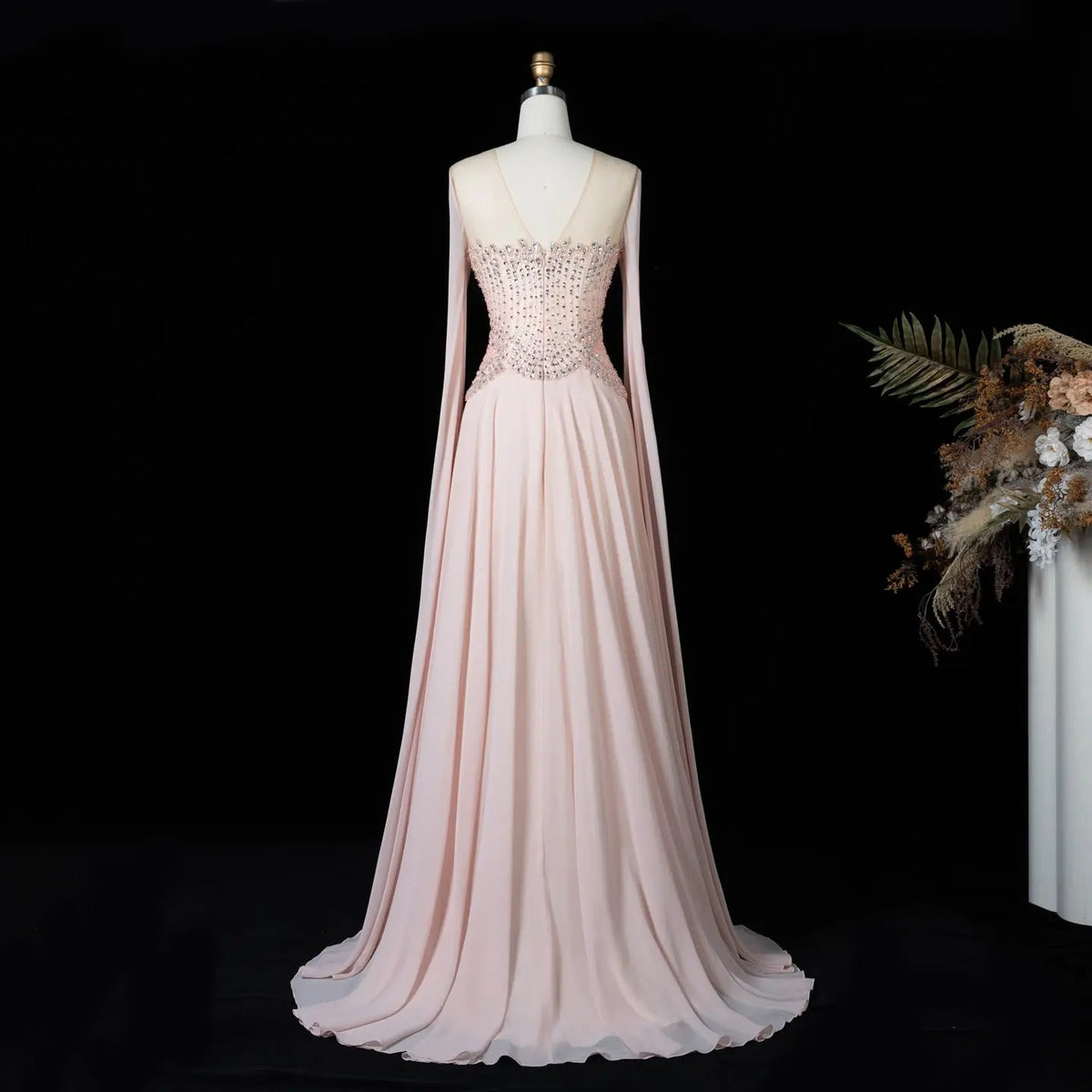 Luxury Pink Beaded Flowy Cape Sleeve Evening Dress SS367