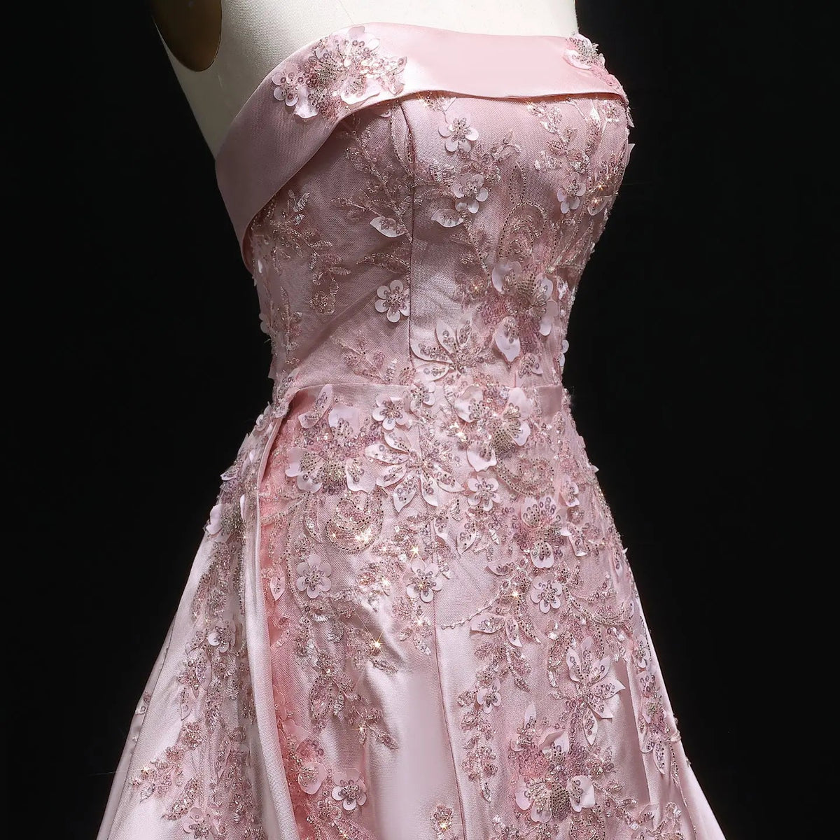 Luxury Pink 3D Floral Beaded Sequin Strapless Evening Dress with Overskirt XD067