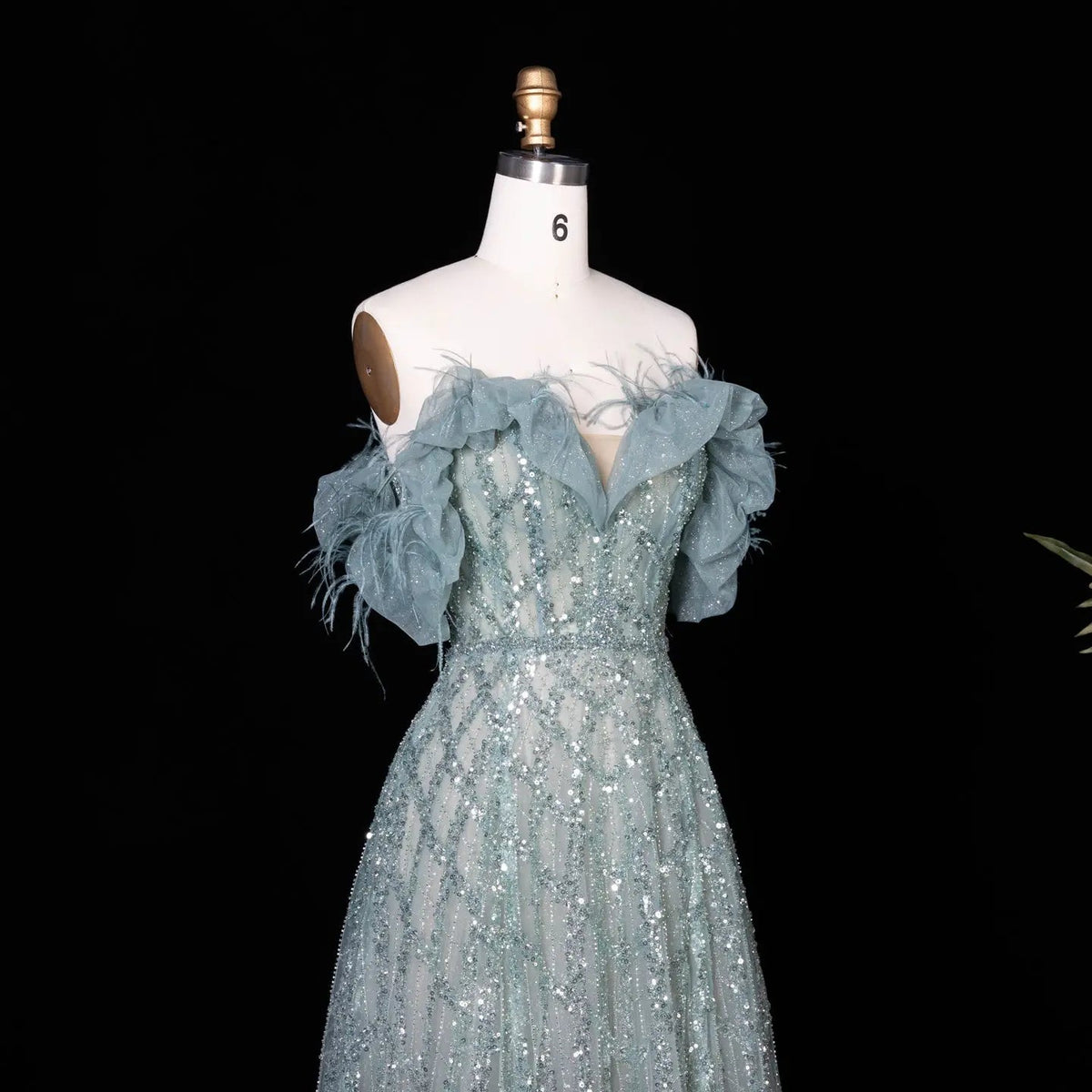 Luxury Feathers Green Off Shoulder Evening Dress SS303