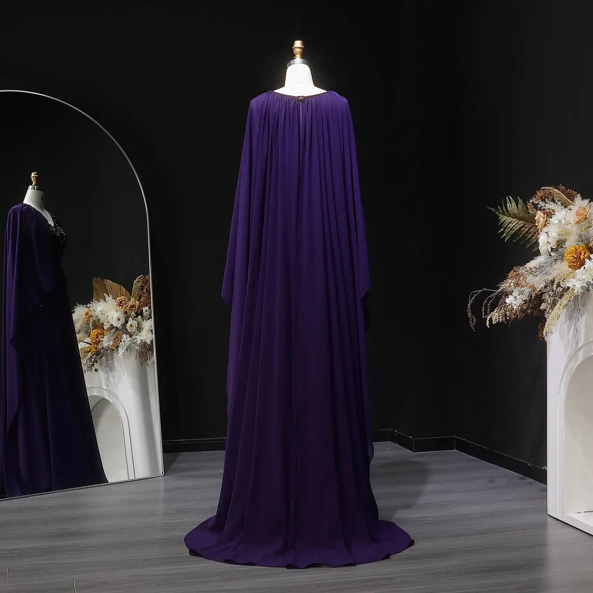 Luxury Purple V-Neck Beaded Chiffon Evening Dress with Cape Sleeves SS053