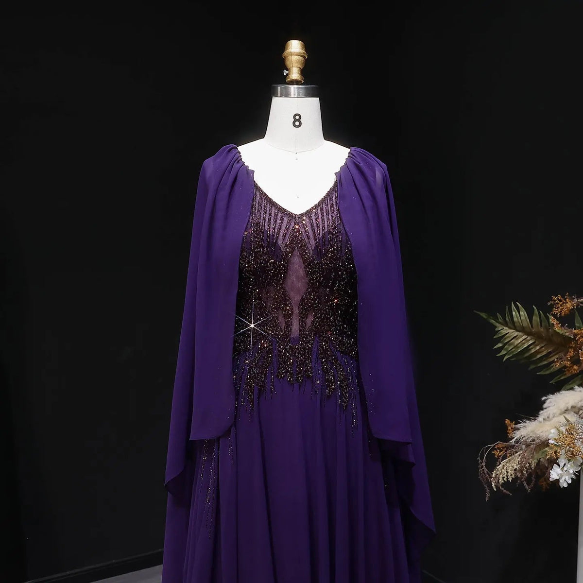 Luxury Purple V-Neck Beaded Chiffon Evening Dress with Cape Sleeves SS053
