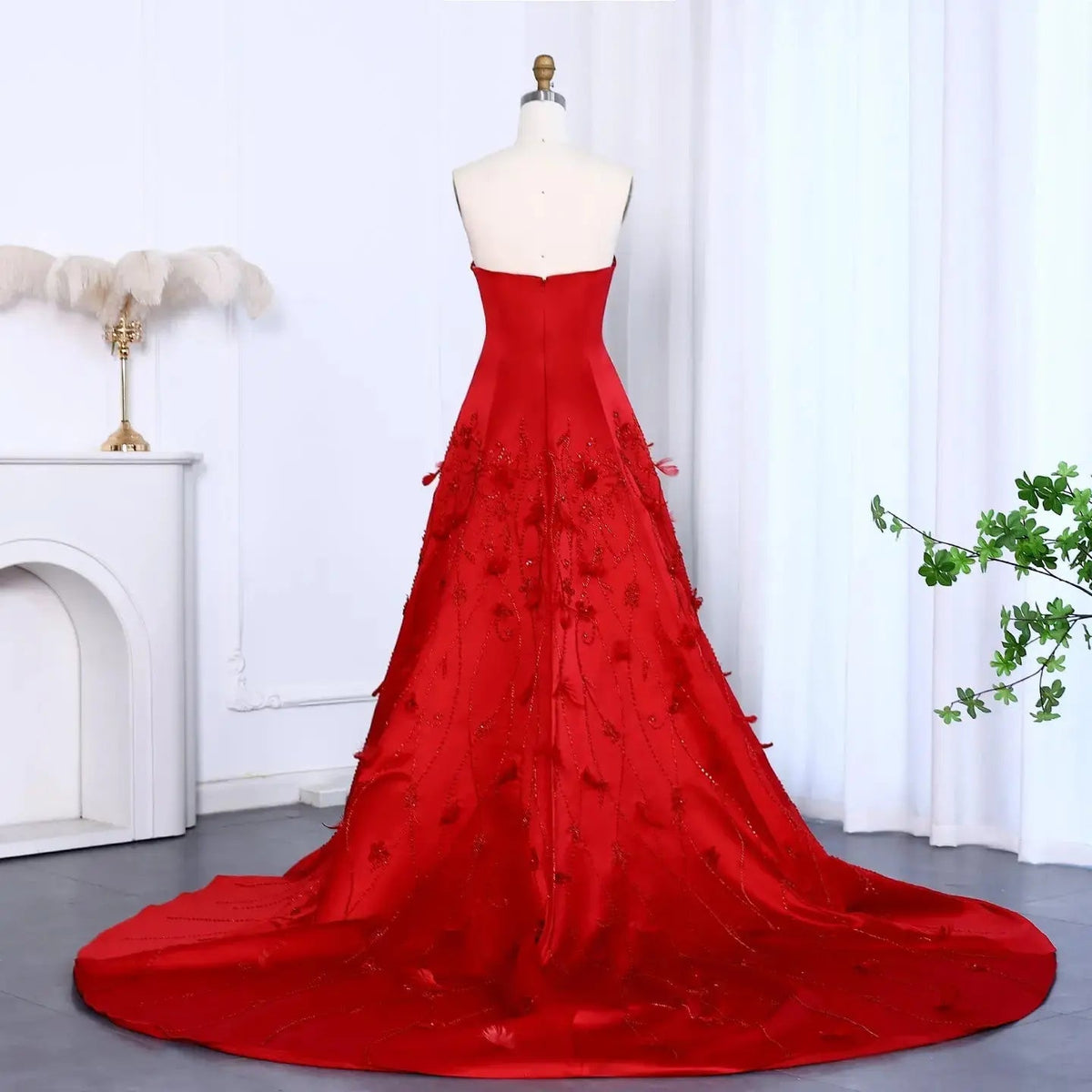 Luxury 3D Flowers Feathers Coral Pink Evening Dress SS470
