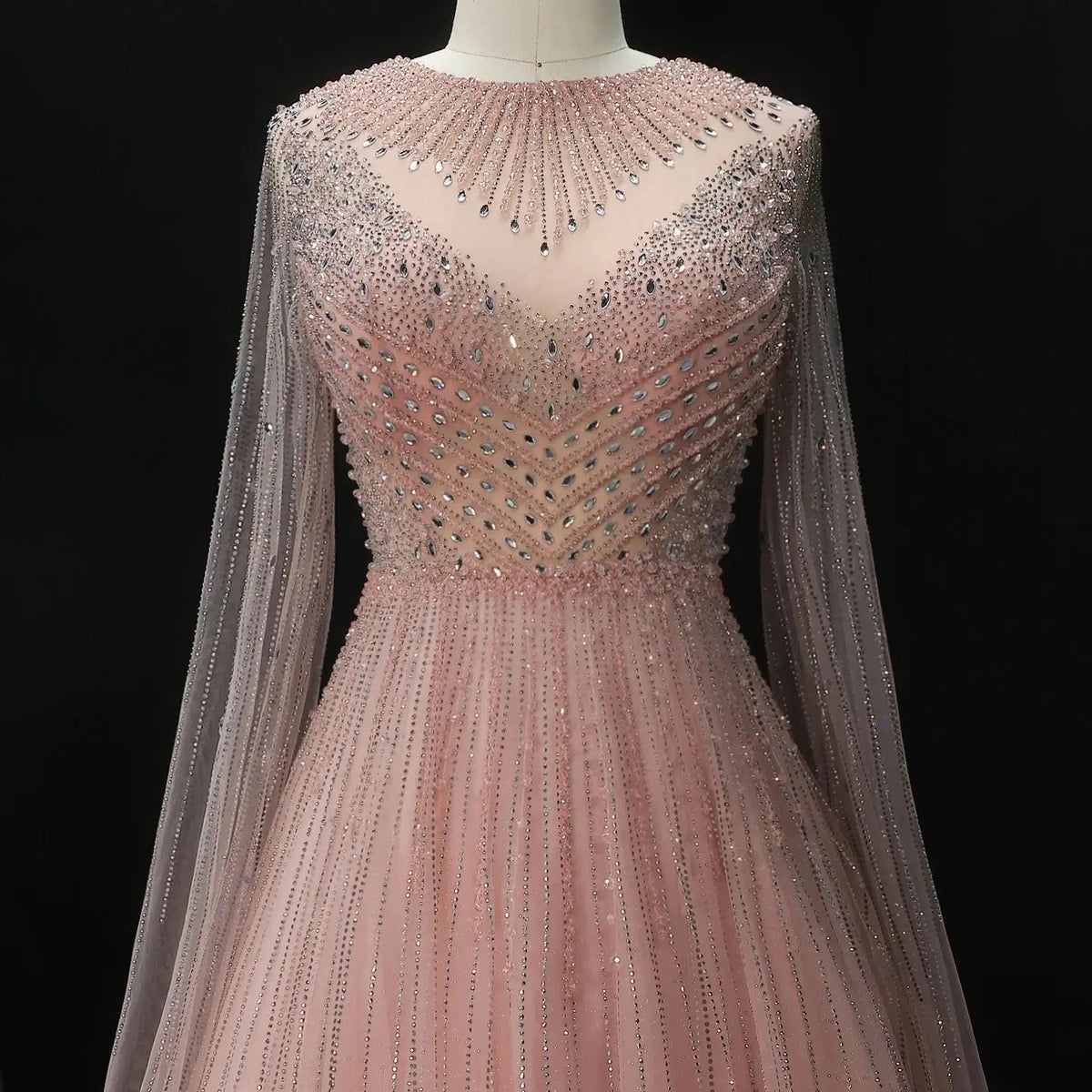 Glamorous Pink Illusion Neck Beaded Chiffon Evening Dress with Cape Sleeves SS054